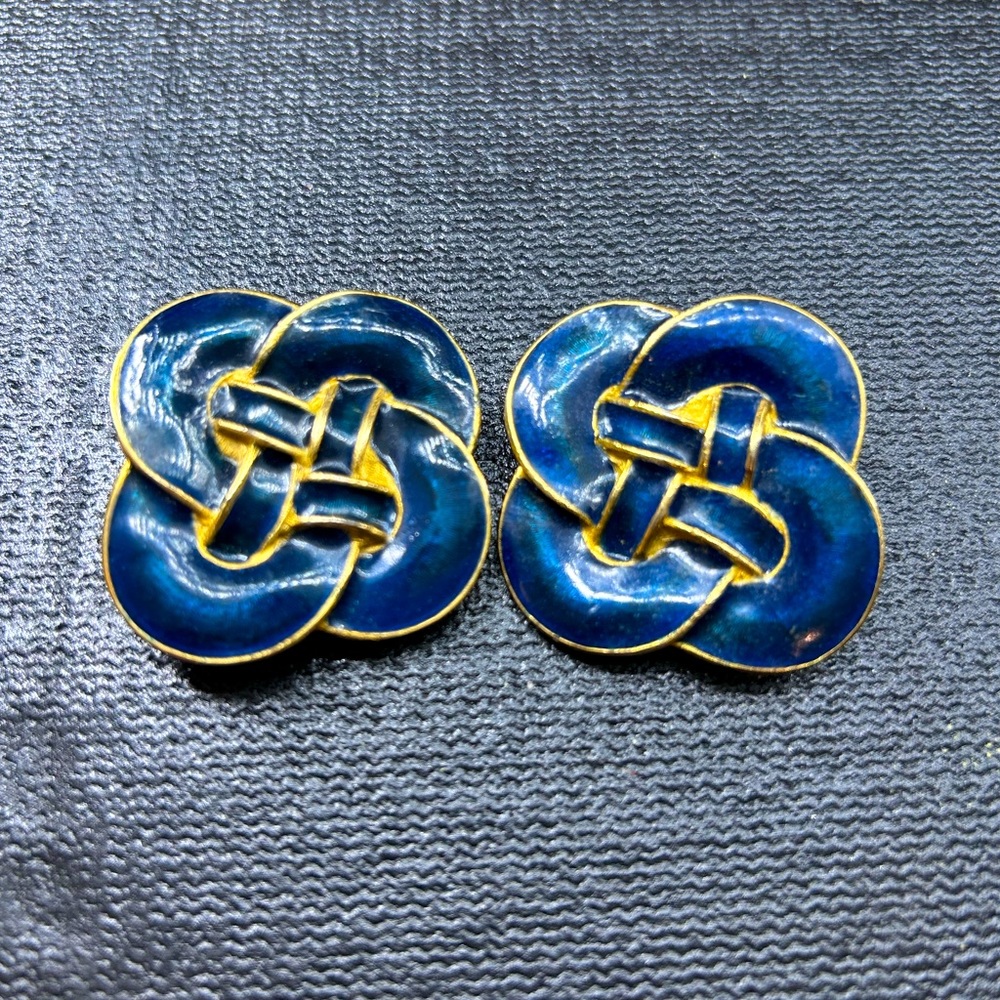 Vintage signed navy blue and gold clip on back earrings